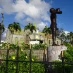A statue in front of an Anglican Church in Roseau, Dominica