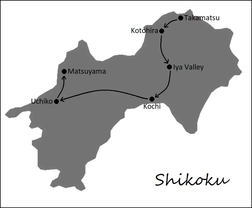 A Map depicting a one-week itinerary for Shikoku