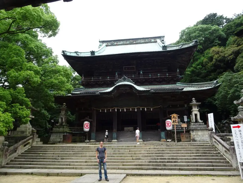 A big and intricate wooden shrine building between trees