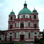 A baroque white-and-red striped basilica