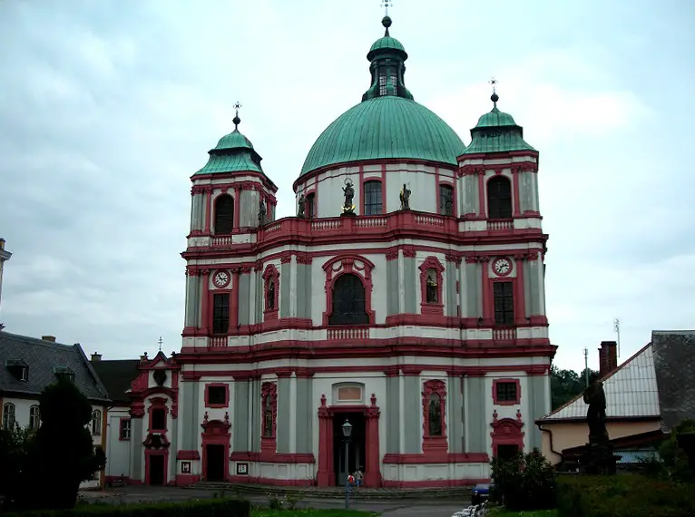 A baroque white-and-red striped basilica