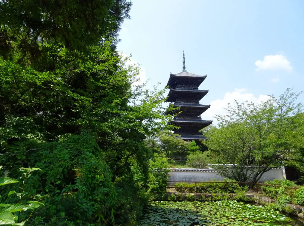 A five-storied pagoda surrounded by a beautiful garden