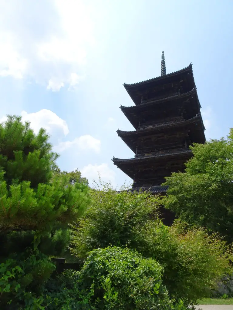 A five-storied pagoda surrounded by trees