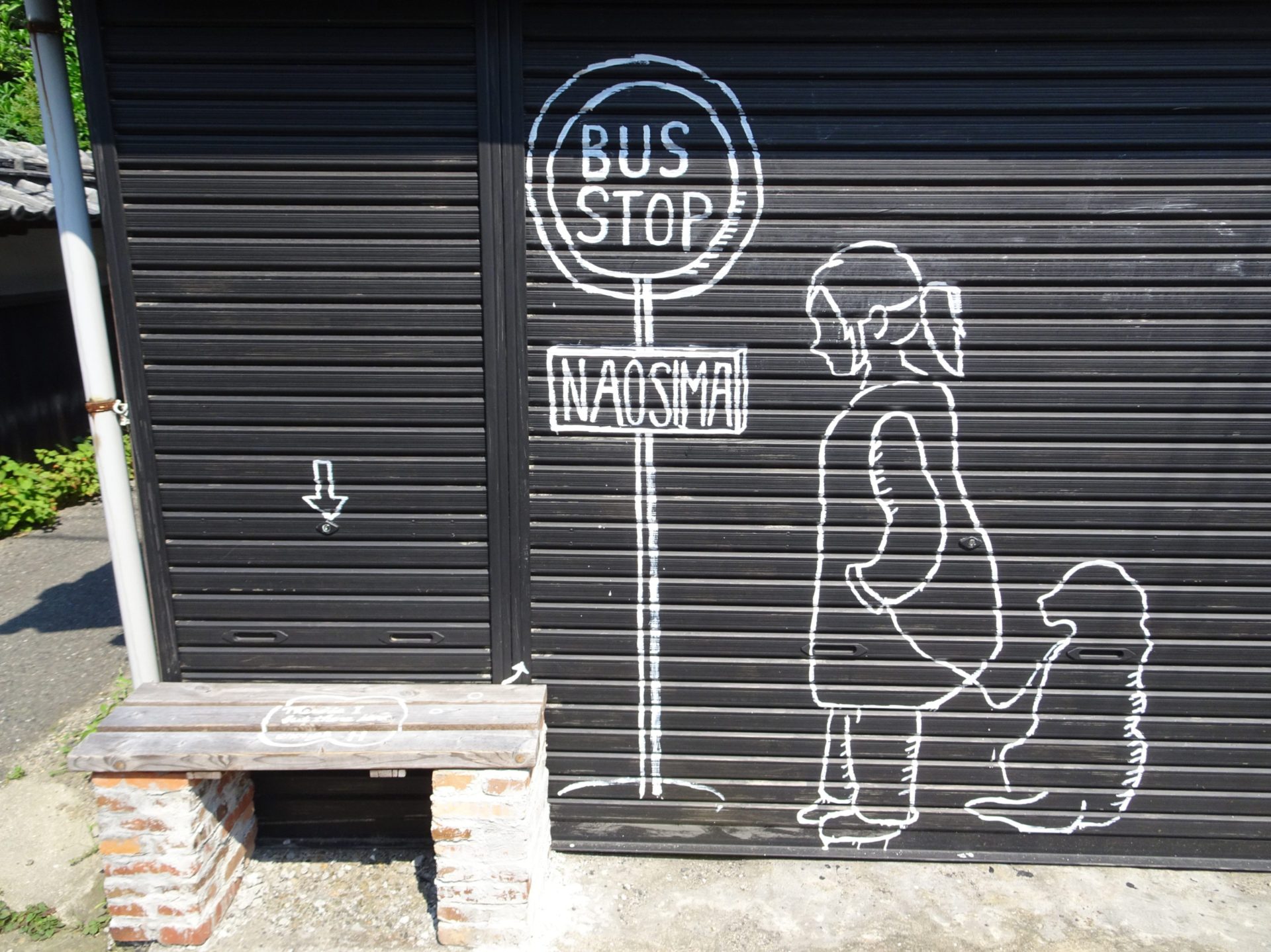 A painting of people waiting at a busstop painted on a wooden wall