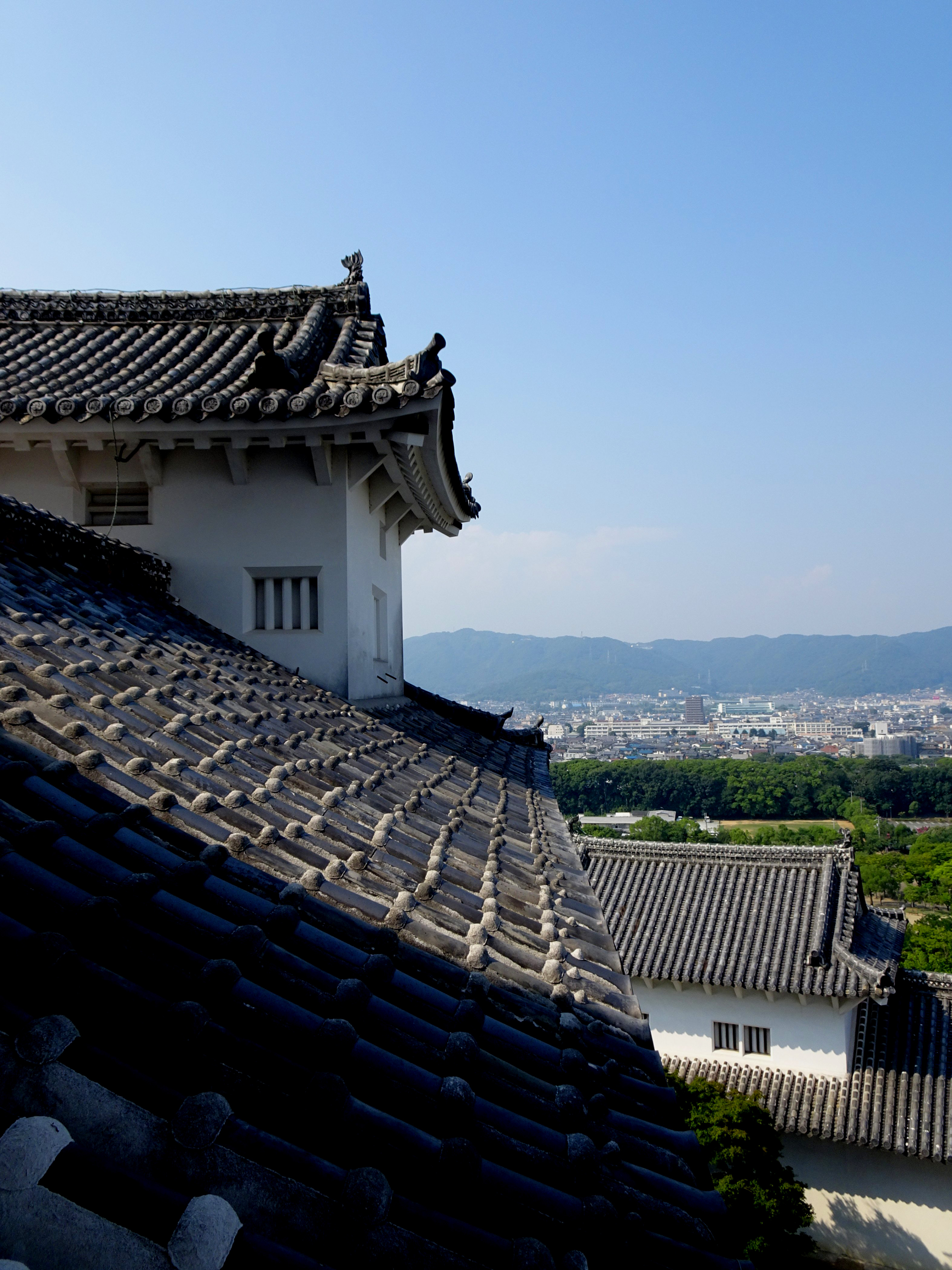 A distant city seen over a garden with glazed roof tiles in the foreground