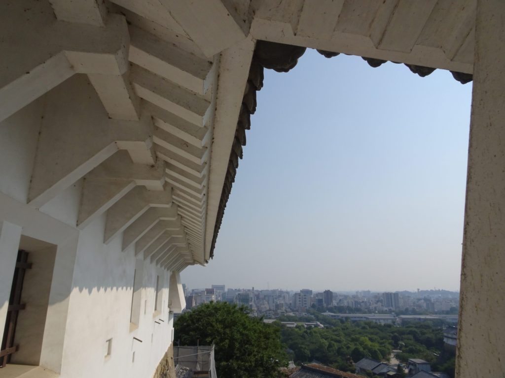 A city seen from a window with a castle wall to the side