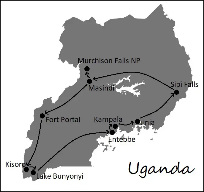 A Map depicting a two-week itinerary for Uganda