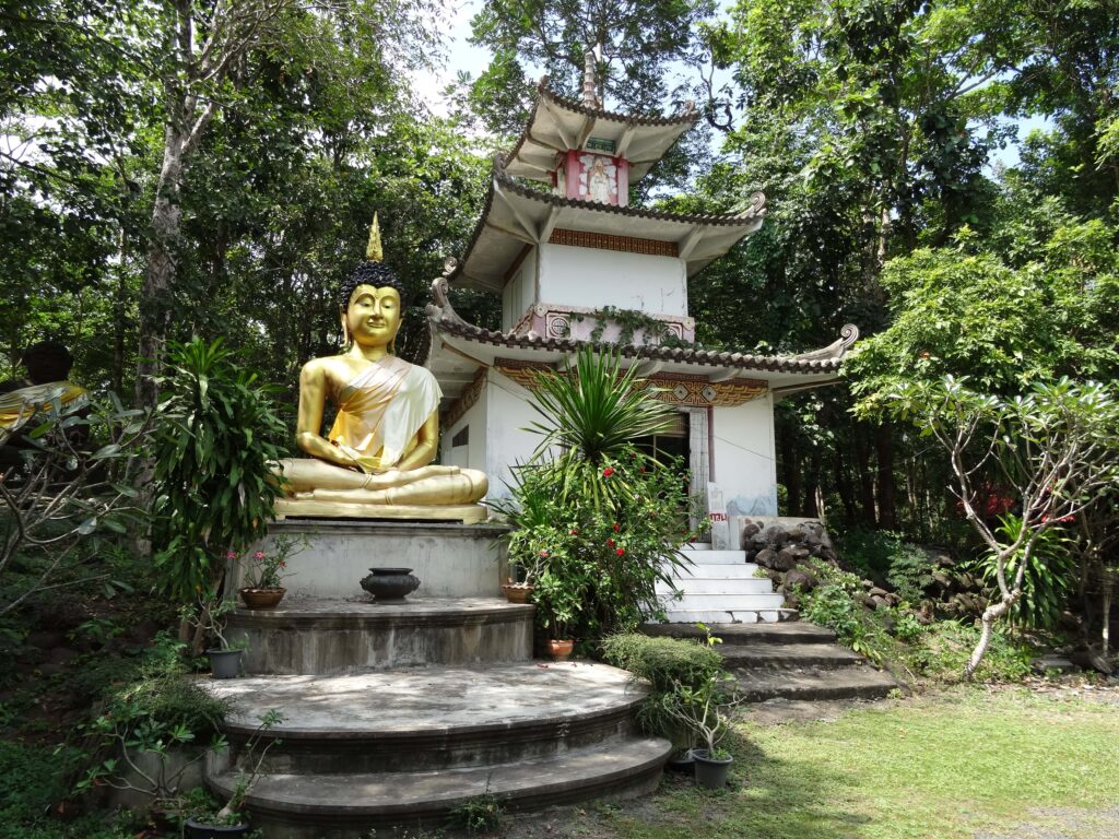 A small Chinese-Style Pagoda with a gilded Buddha Statue in front