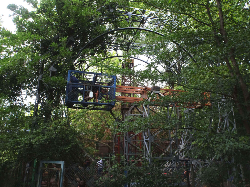 A weird amusement park ride in a cage in the forest