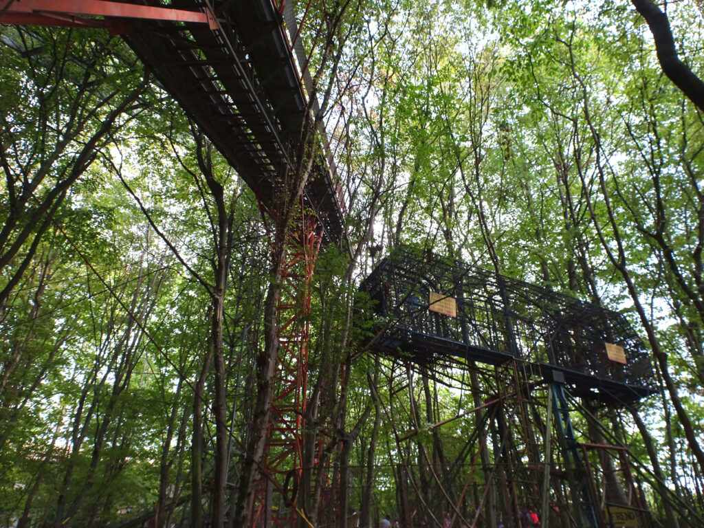 Mechanical amusement park rides in the forest