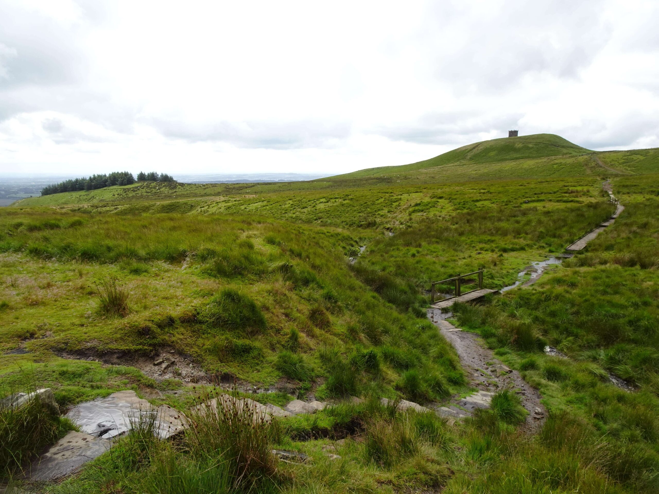 A small bridge over a brook with a stone tower on a hill in the background