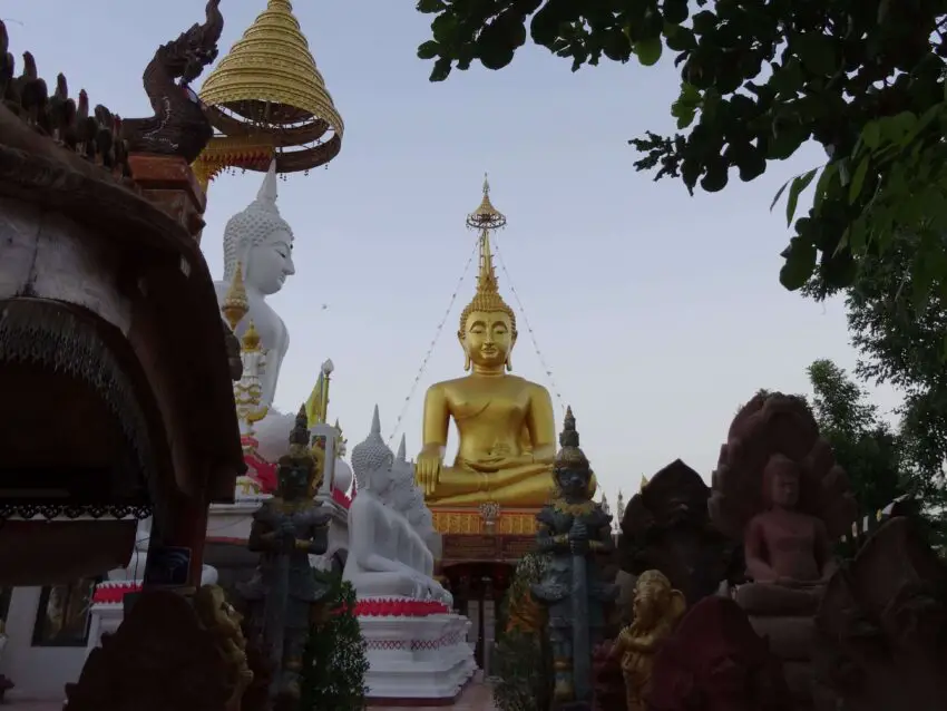 Many statues sitting under trees, including a big white and a big golden Buddha