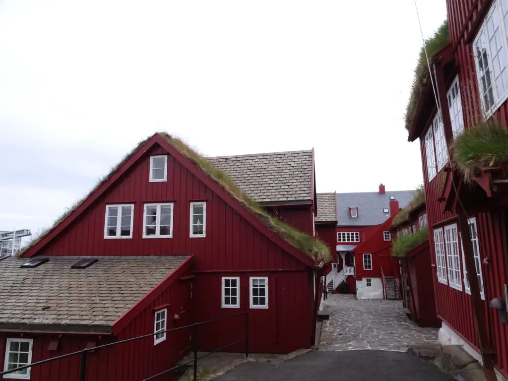 An alley surrounded by red wooden houses with grass roofs