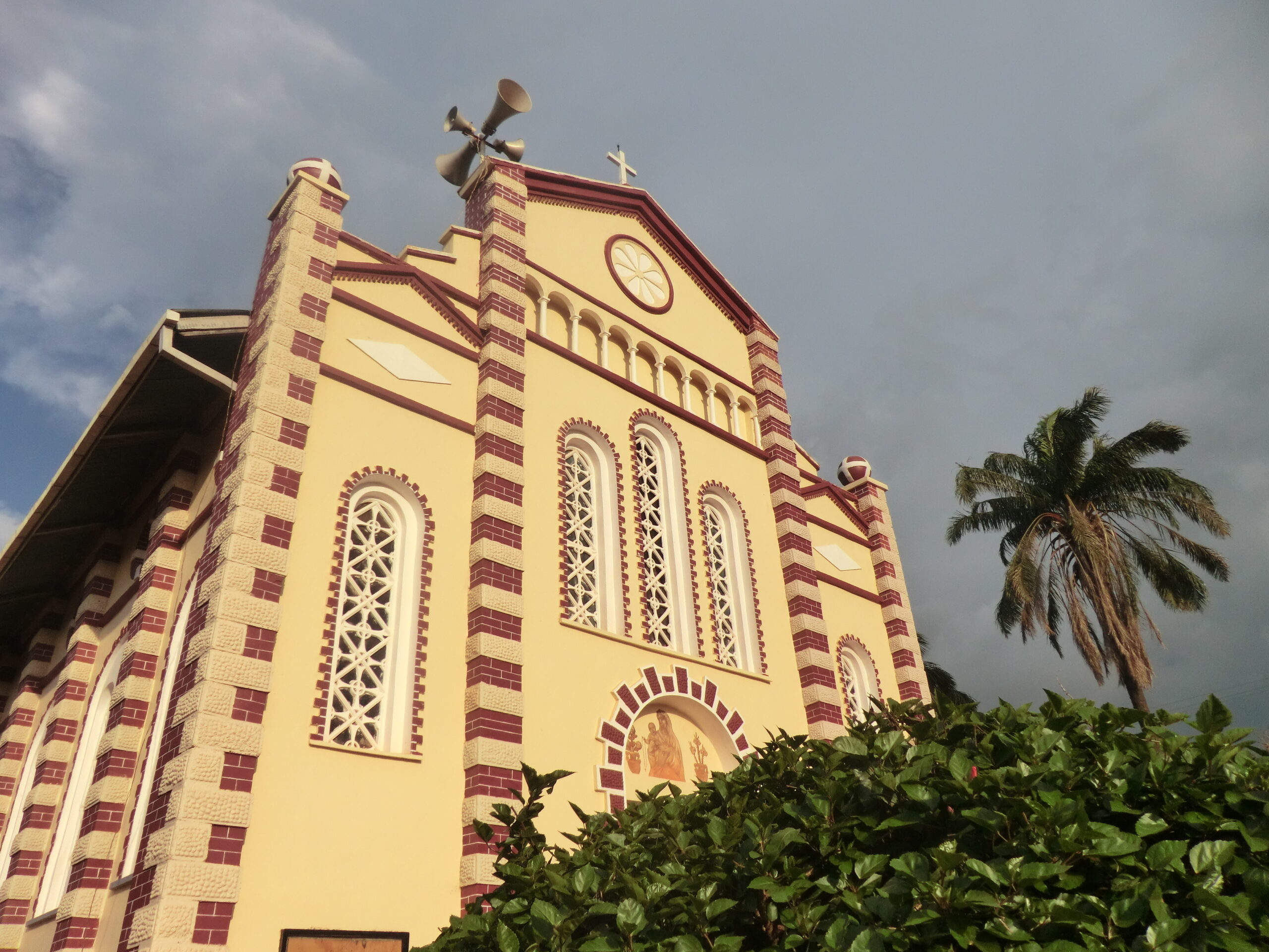 A grand church building in an Italian Renaissance Style seen from below