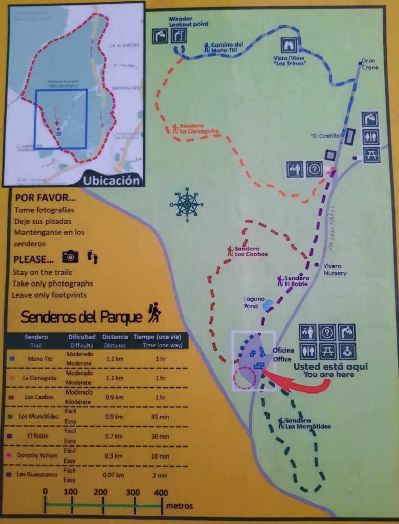 A map showing trails in Metropolitan Natural Park, Panam City