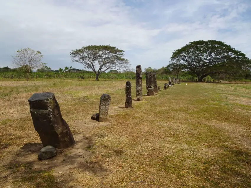 A row of standing stones with trees in the background