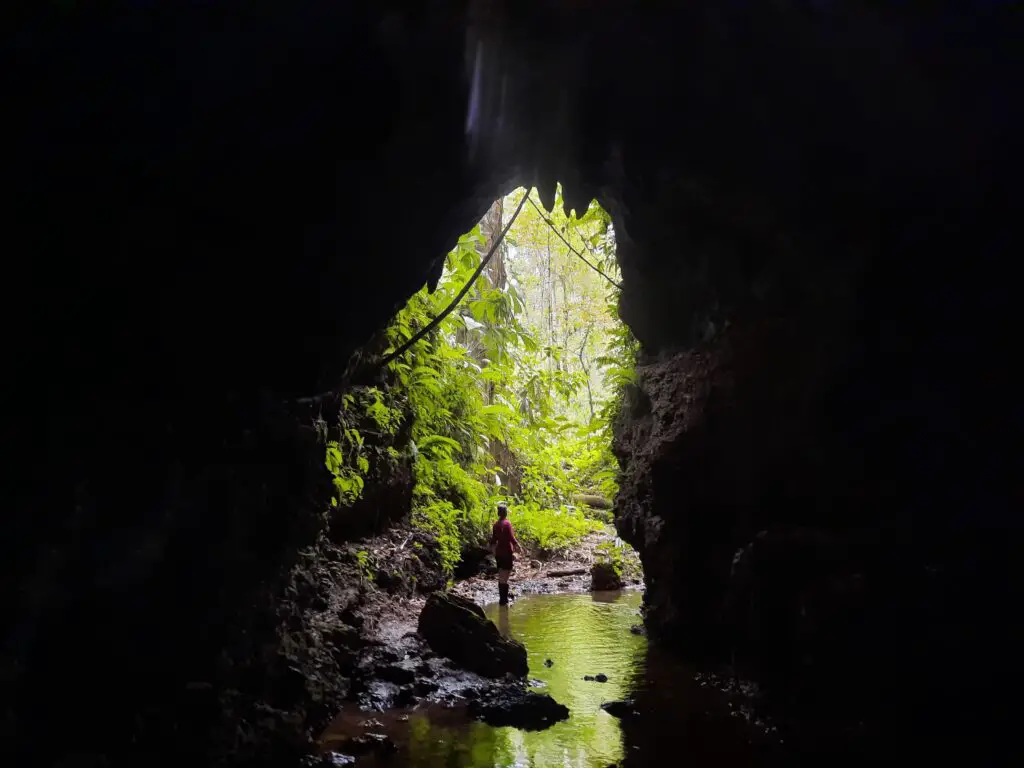 A woman standing in a cave-opening with tropical vegetation in the background