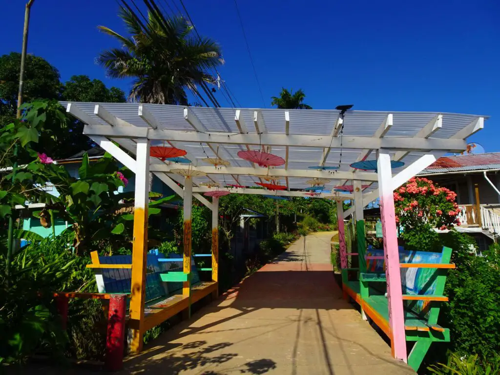 A brightly painted wooden bridge surrounded by tropical vegetation