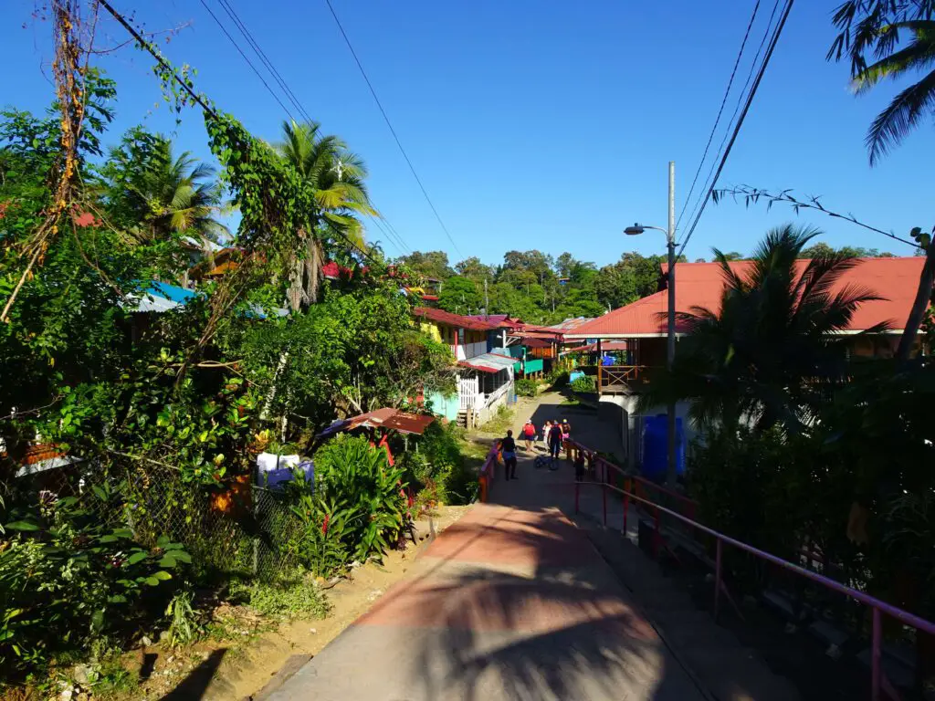 A small village street with colourful houses between tropical plants