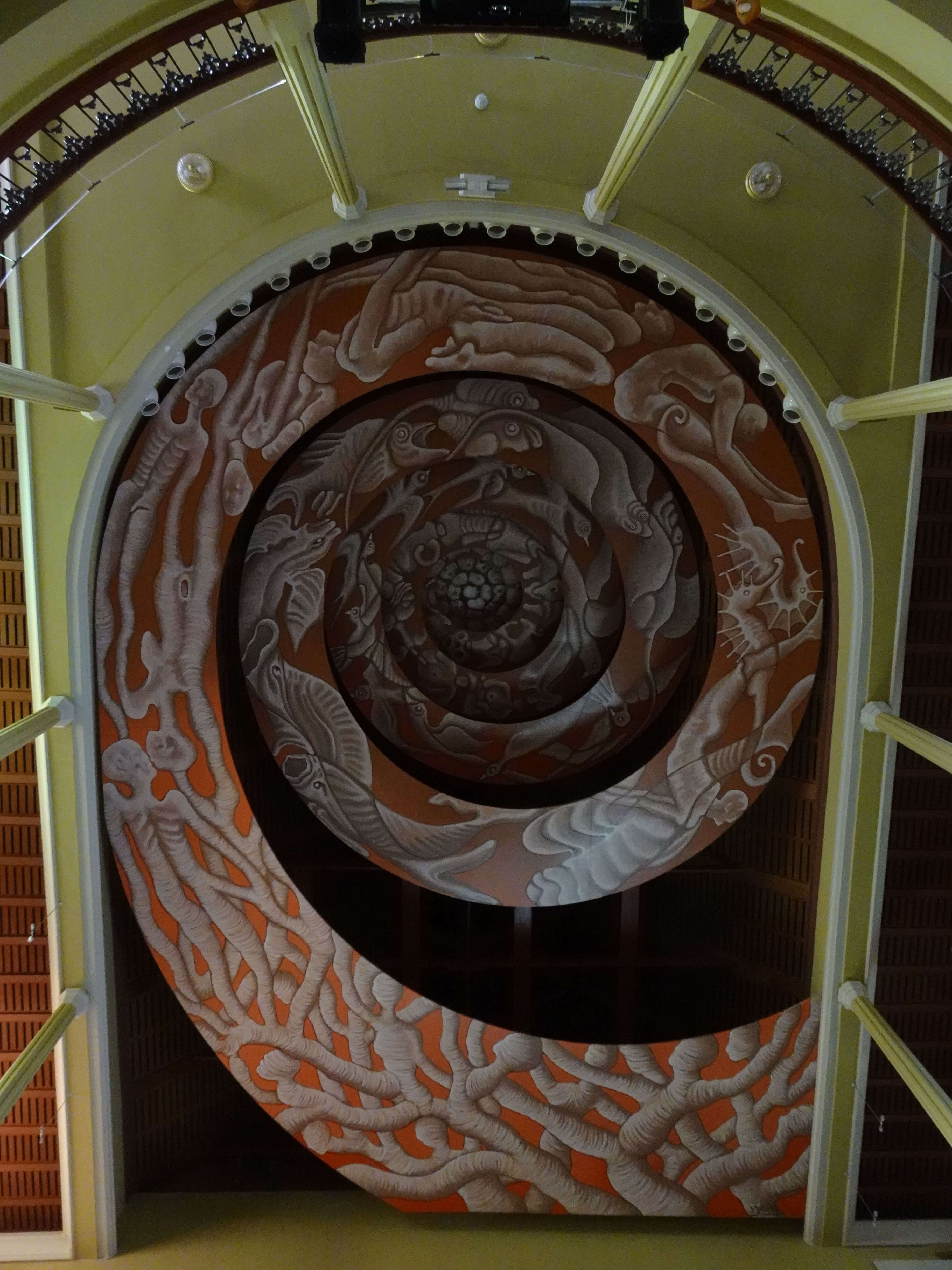 The painted ceiling of a theatre