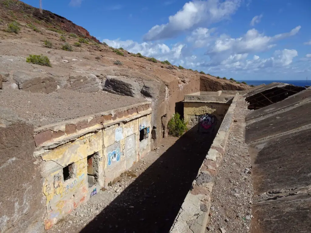 The patio of an abandoned barracks seen from the roof