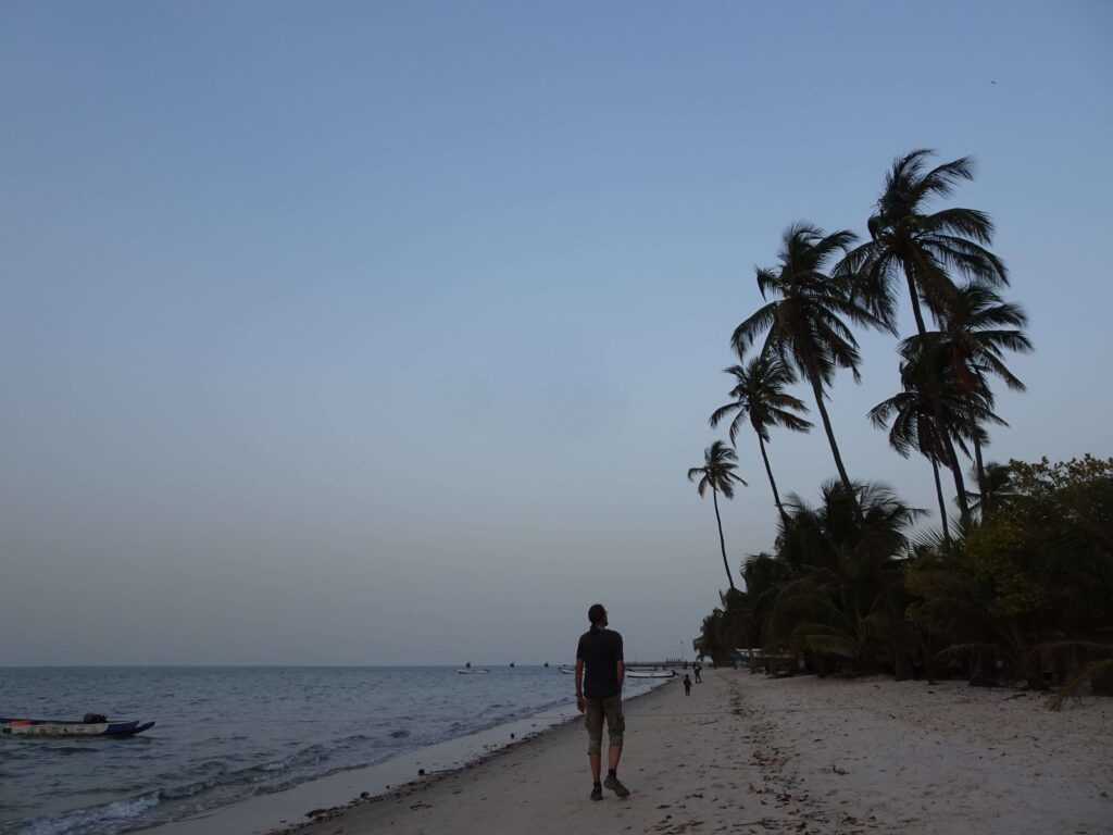 A man walking along a beach with palm trees in the background