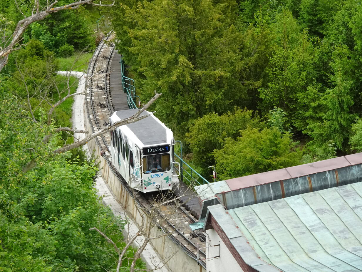 A Funicular making its way up a wooded slope