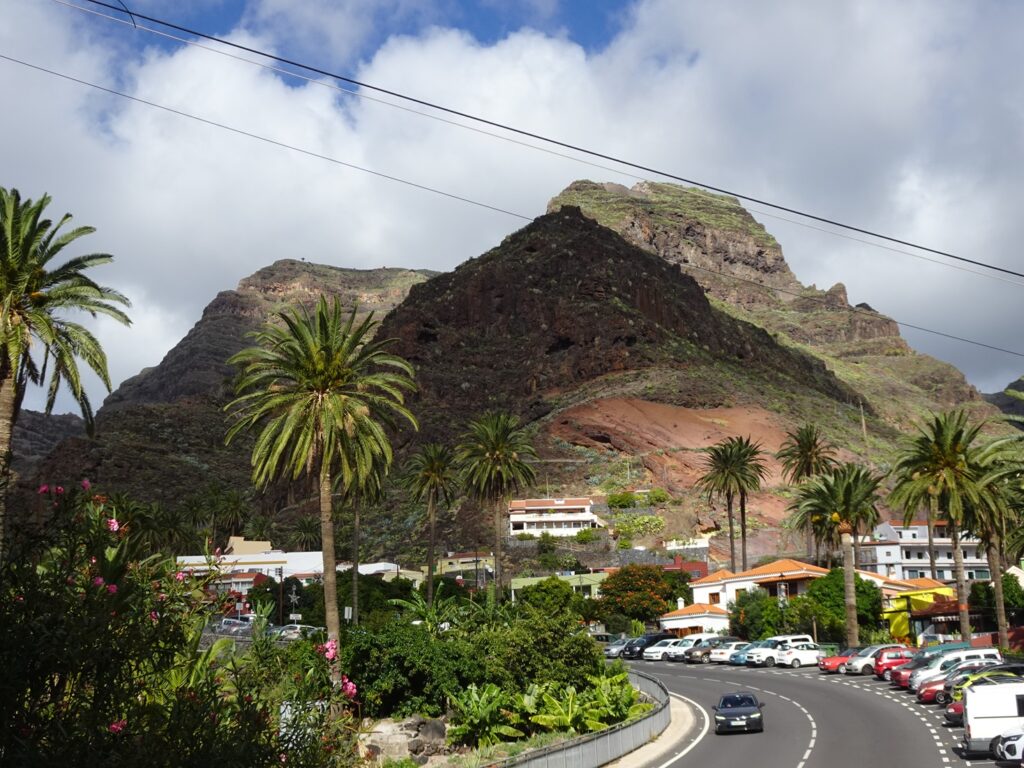 A road with houses next to it and a tall mountain in the background