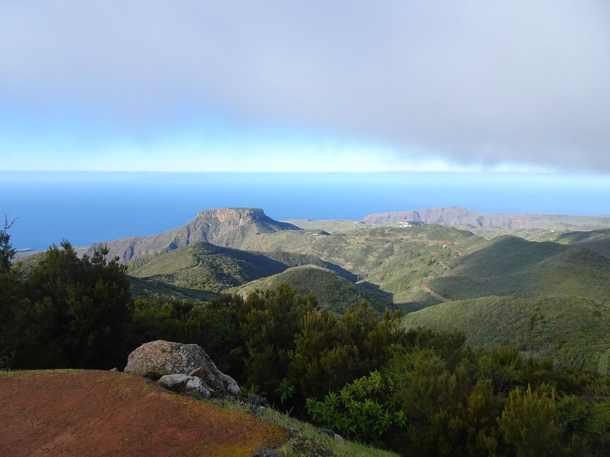 A view of forested hills with the sea in the background