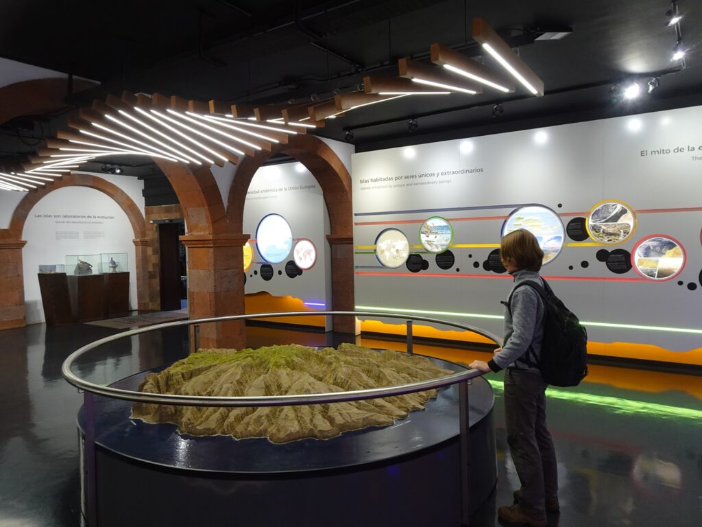 A woan standing in front of a 3-D map of an island in an exhibition hall