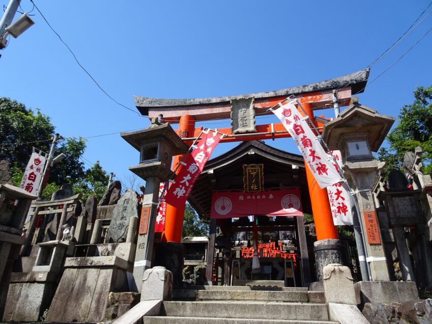 A wooden shrine building with a red gateway leading to it