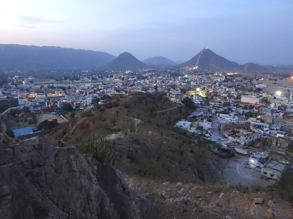 A view of Pushkar, Rajasthan from Pap Mochani (Gayatri) Temple on a hill above town
